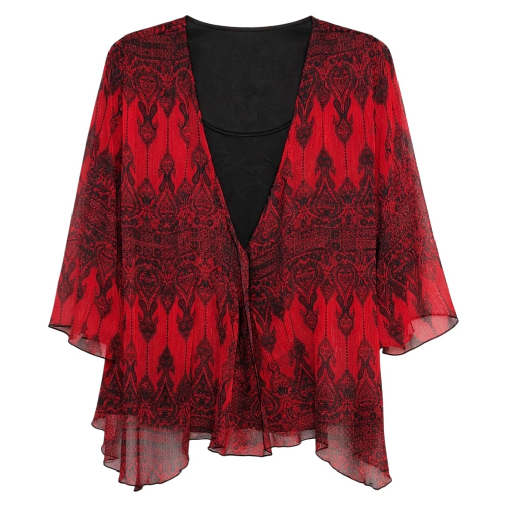 Dina Ariel Boho Gothic Kimono Top Women Sz Large Red Black Festival Witchy Chic‎